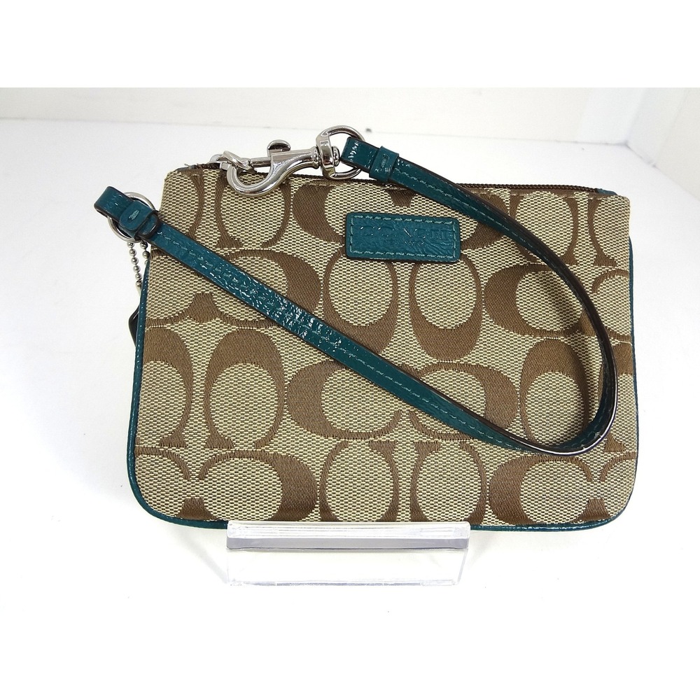 Coach Park Signature Canvas Wristlet Teal Patent Leather Trim Khaki Brown‎ Pouch